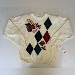 Alfred Dunner vintage white argyle & floral print pullover sweater size XL NWT